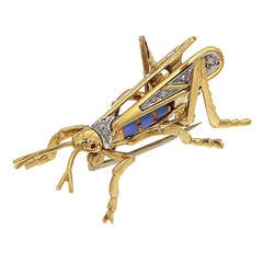 Enamel Diamonds Yellow Gold Grasshopper Brooch 1970s 12
