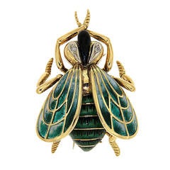 Green Enamel Diamonds Yellow Gold Fly Brooch 1970s 10