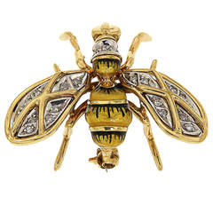 Enamel Diamonds Yellow White Gold Bee Brooch, 1970s 9
