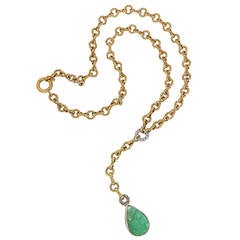 Cabochon Green Emerald Diamonds Yellow Gold Drop Necklace 1980s