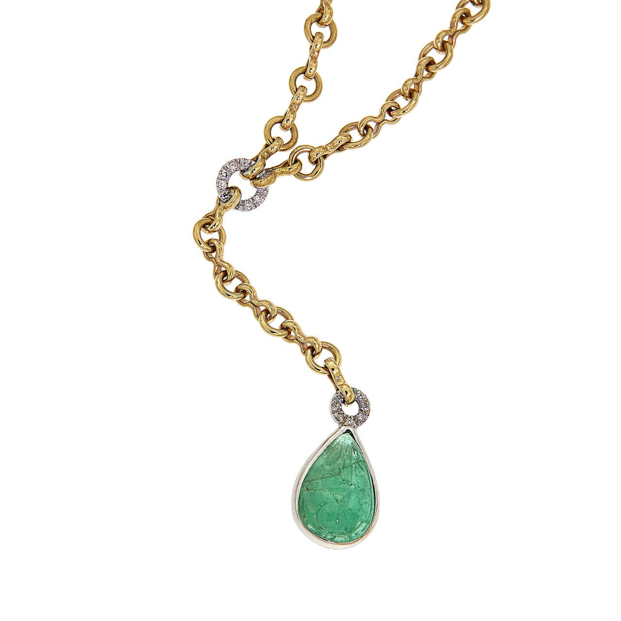 Cabochon Green Emerald Diamonds Yellow Gold Drop Necklace Made In Italy In Excellent Condition For Sale In Milano, IT