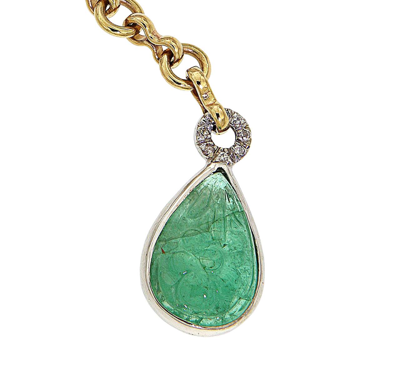Women's Cabochon Green Emerald Diamonds Yellow Gold Drop Necklace Made In Italy For Sale