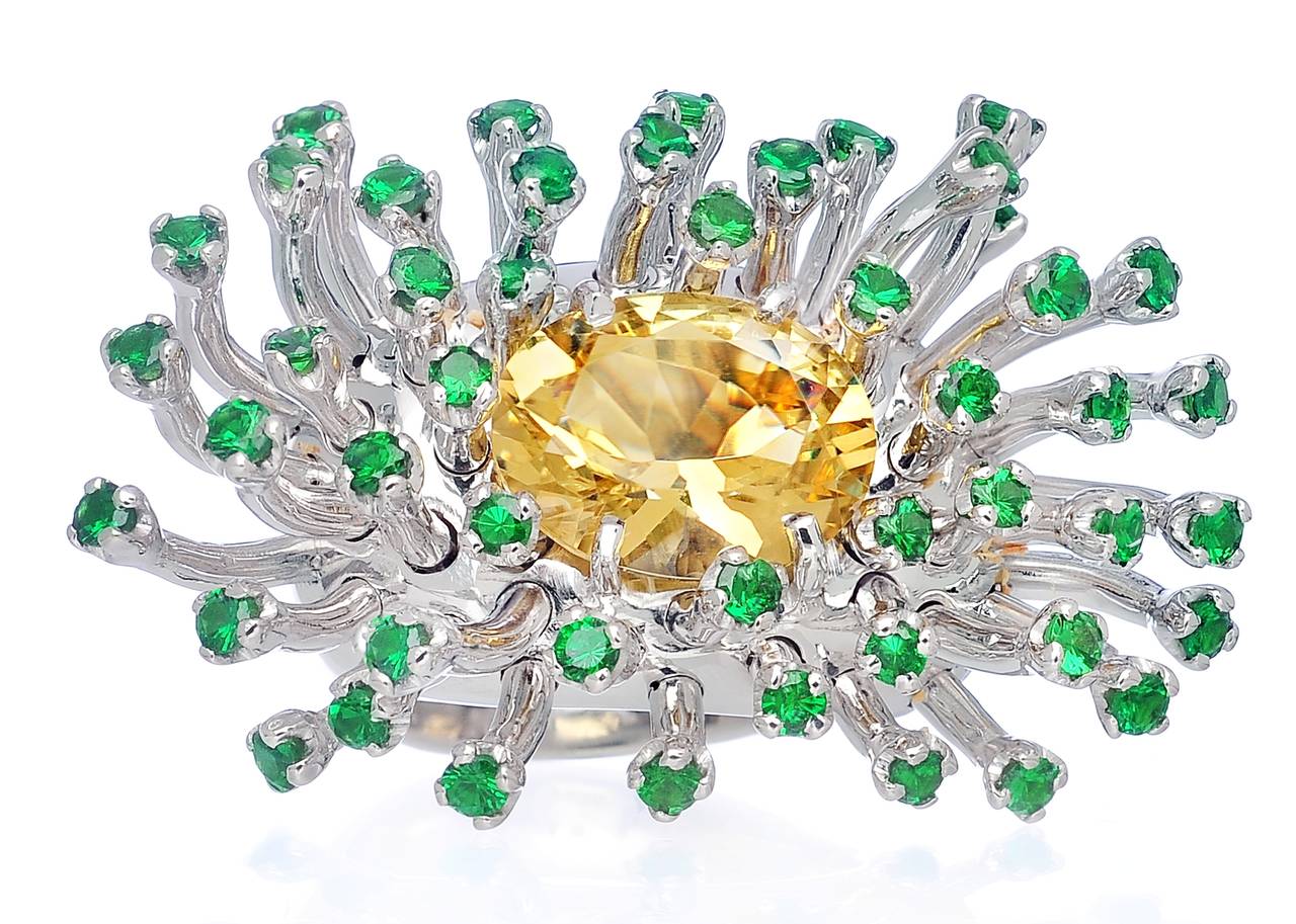 Women's Yellow Beryl Green Tsavorites 18 Karat White Gold Cocktail Ring Hancrafted For Sale