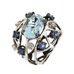 Blue Aquamarine Sapphires Diamonds White Gold Cocktail Ring Modern 11