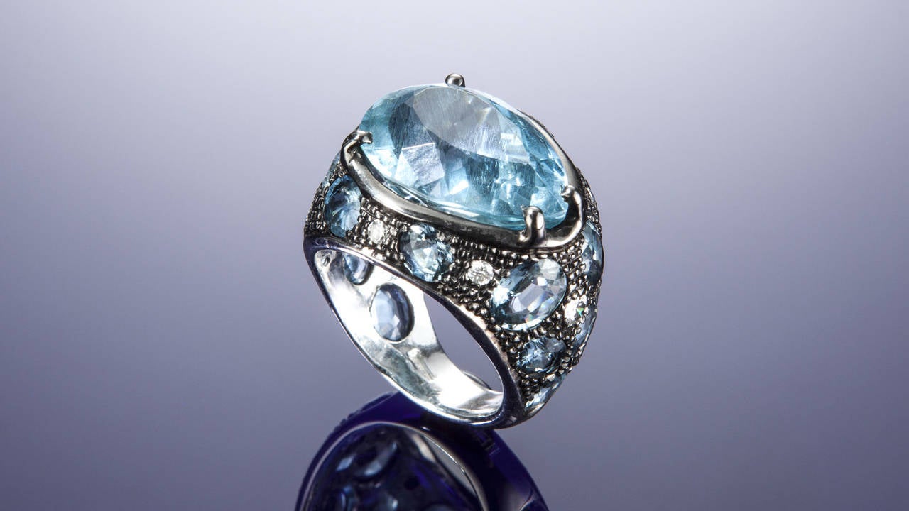 Women's Blue Aquamarine Drop White Gold Cocktail Ring Modern Sapphires Diamonds