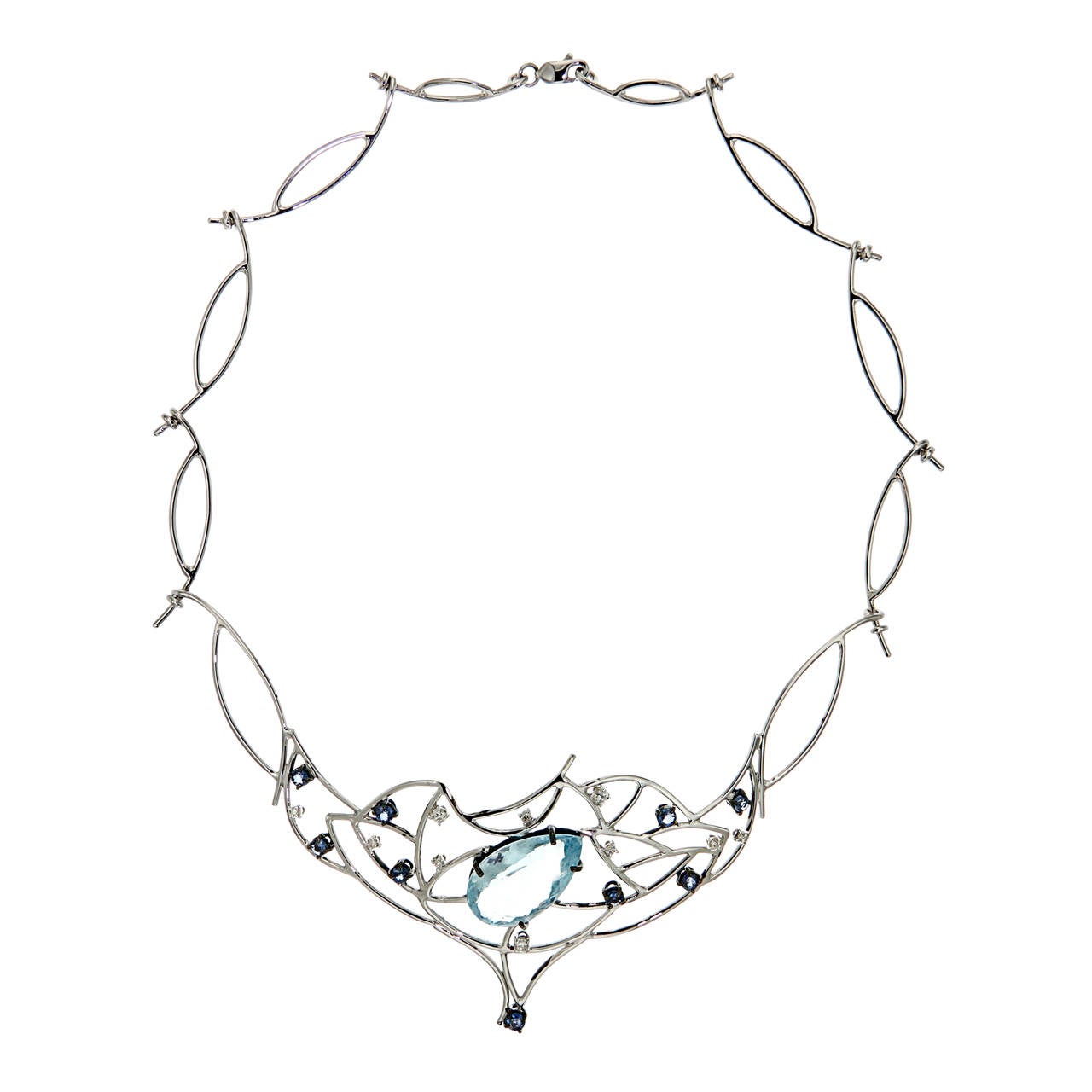 Wonderful 18k white gold necklace with natural aquamarine 18.10 ctw, sapphires 1.60 ctw and diamonds 0.40 ctw.
This necklace is handcrafted in Italy by Botta Gioielli and it  is stamped with the Italian Mark 750 - 716MI.
Ready for delivery. It can