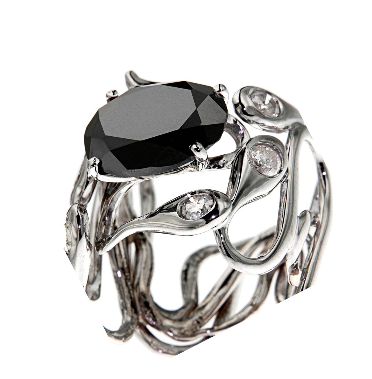 Women's Black White Diamonds 18 Karat White Gold Cocktail Ring Handcrafted In Italy 