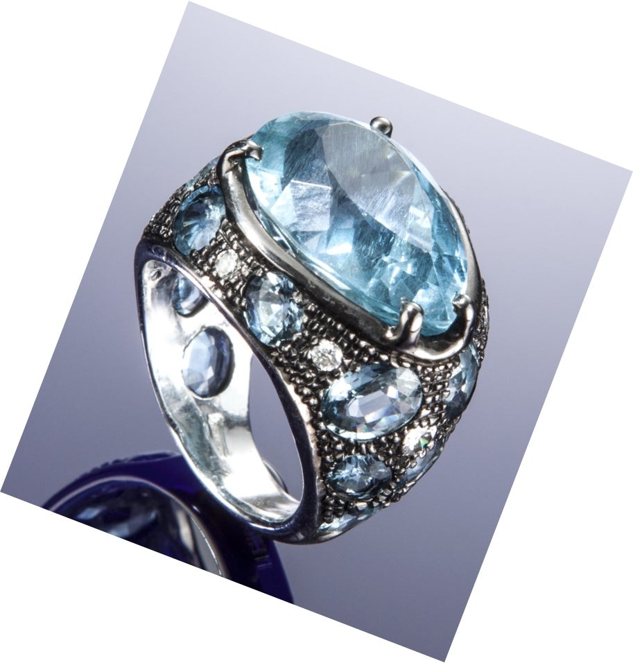 Blue Aquamarine Drop White Gold Cocktail Ring Modern Sapphires Diamonds 1