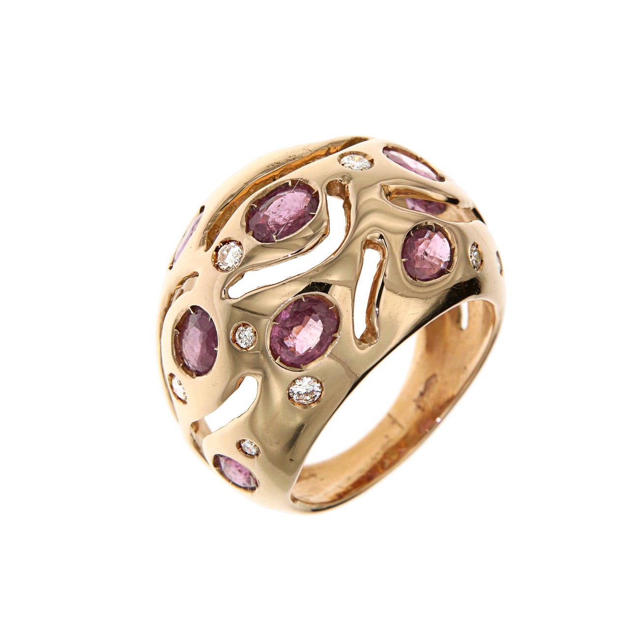 Red Rubies Diamonds 18 Karat Rose Gold Cocktail Ring Handcrafted In Italy For Sale