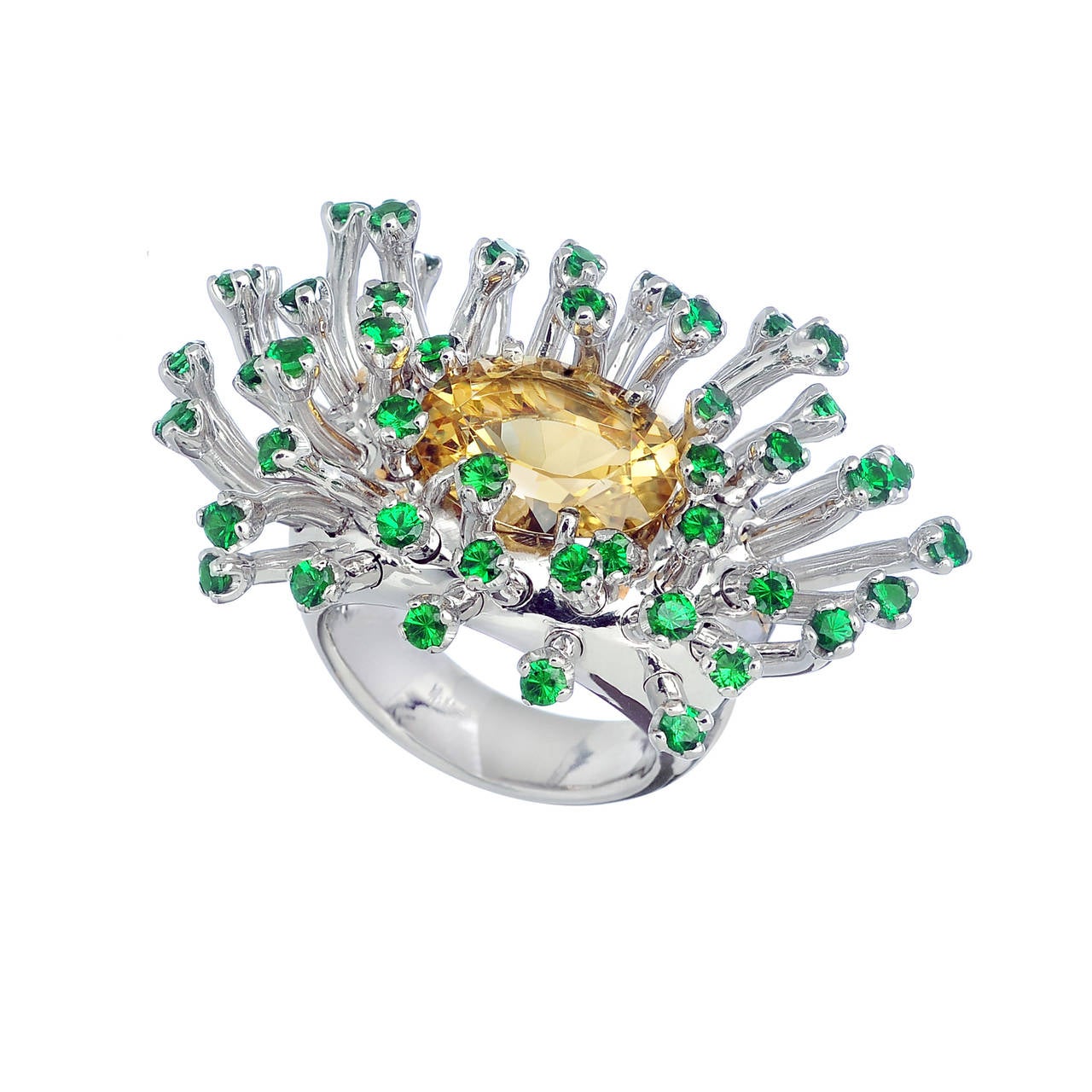 Yellow Beryl Green Tsavorites 18 Karat White Gold Cocktail Ring Hancrafted For Sale