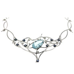 Blue Aquamarine Sapphires Diamonds White Gold Choker Necklace Made In Italy