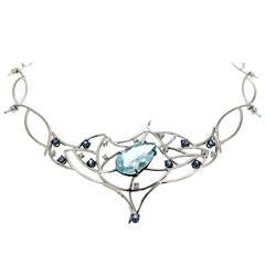 Blue Aquamarine Sapphires Diamonds White Gold Choker Necklace Modern 1