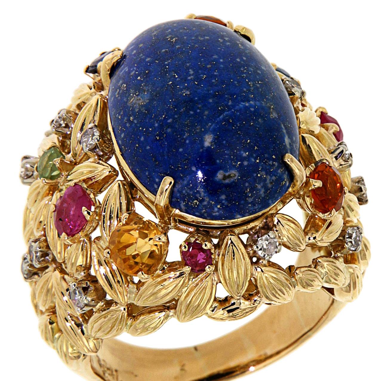 Blue Lapis Yellow Gold Dome Ring 1960s Diamonds Sapphires Rubies In Excellent Condition In Milano, IT