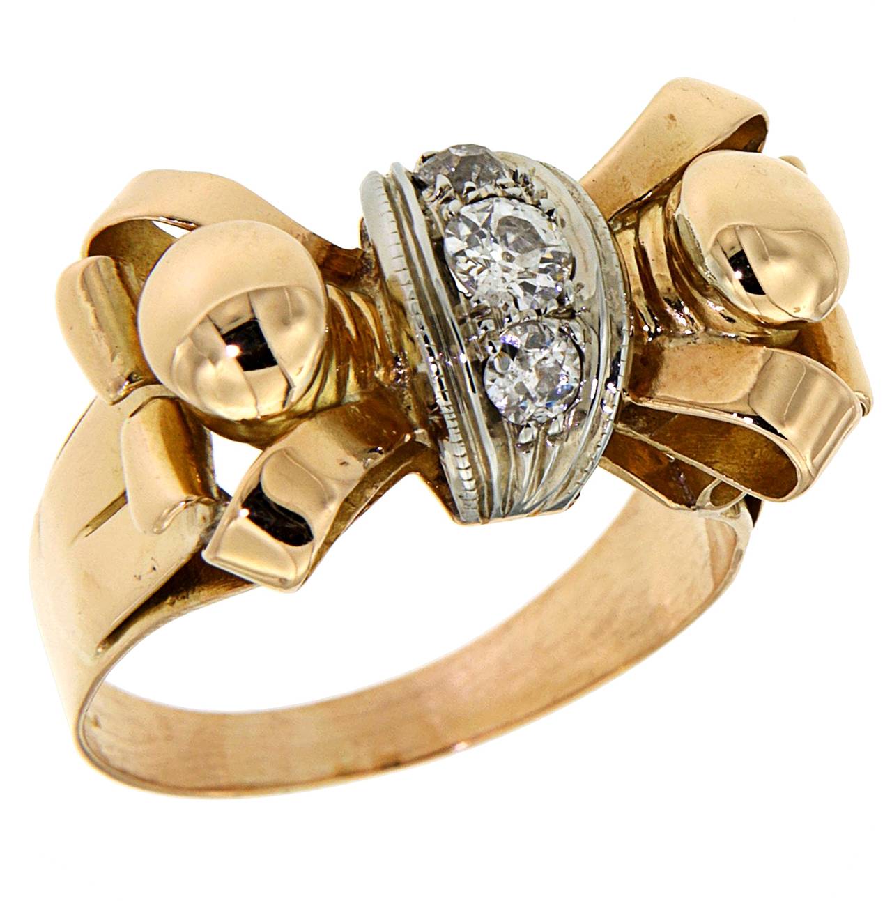 Brilliant Cut Antique Diamonds Gold Bow Ring Made in Italy For Sale