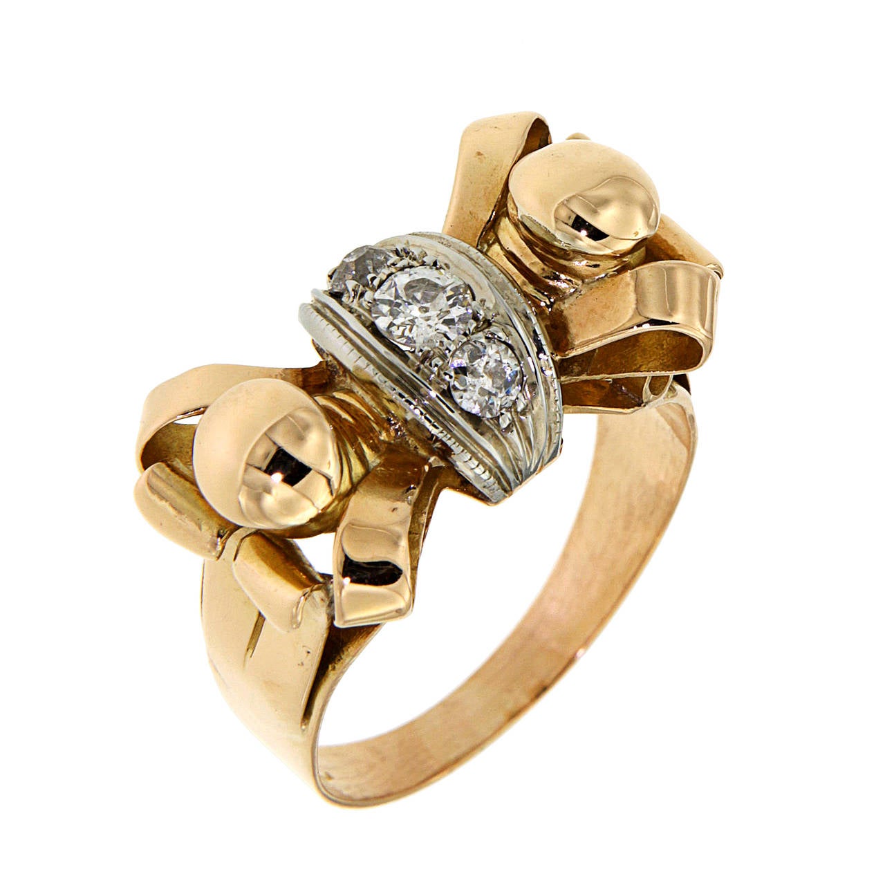 Antique Diamonds Gold Bow Ring Made in Italy For Sale