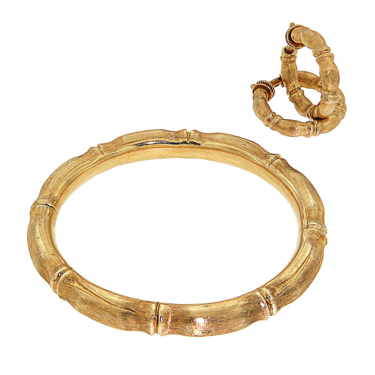Antique 18 Kt Rose Gold Set Bamboo Bracelet Earrings Made in Italy For Sale