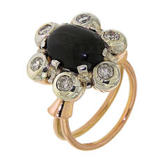 1950s Blue Cabochon Sapphire Diamond Gold Floral Cluster Ring 1
