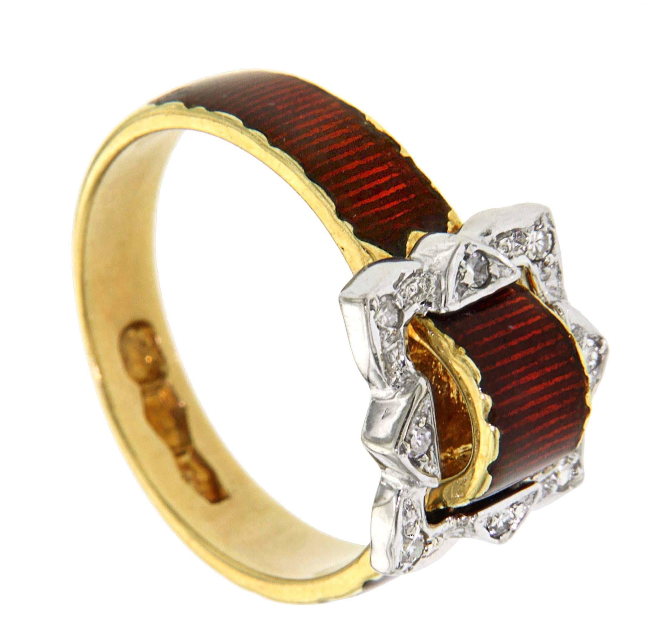 Women's Antique Red Enamel Diamonds Yellow Gold Buckle Ring For Sale