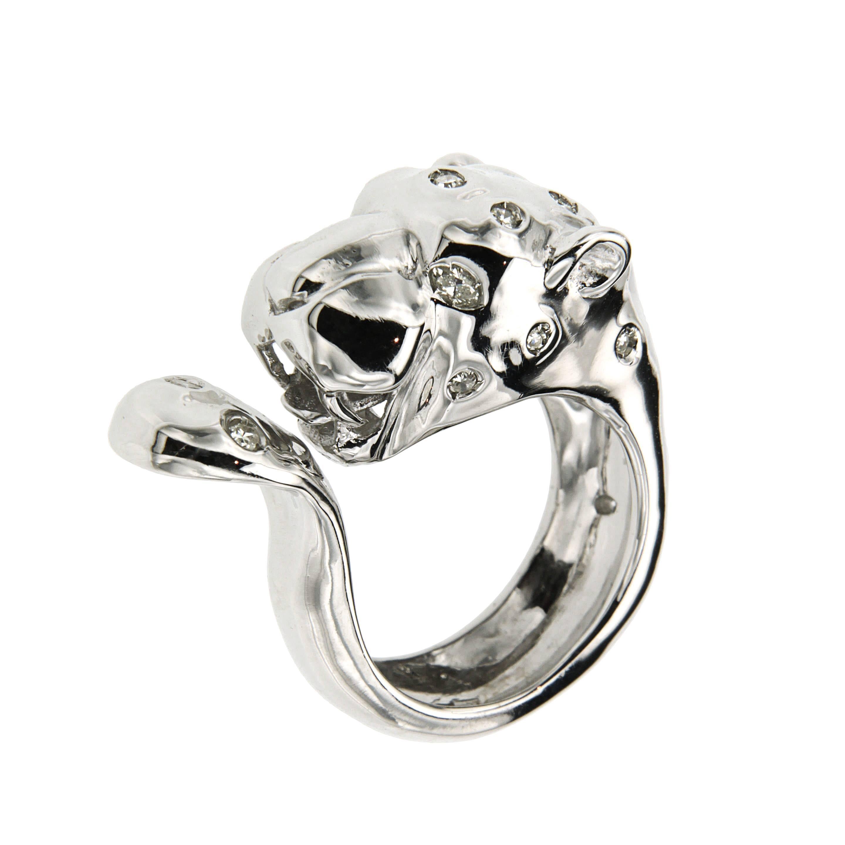 Diamonds 18 Kt White Gold Cheetah Ring Handcrafted in Italy by Botta Gioielli
