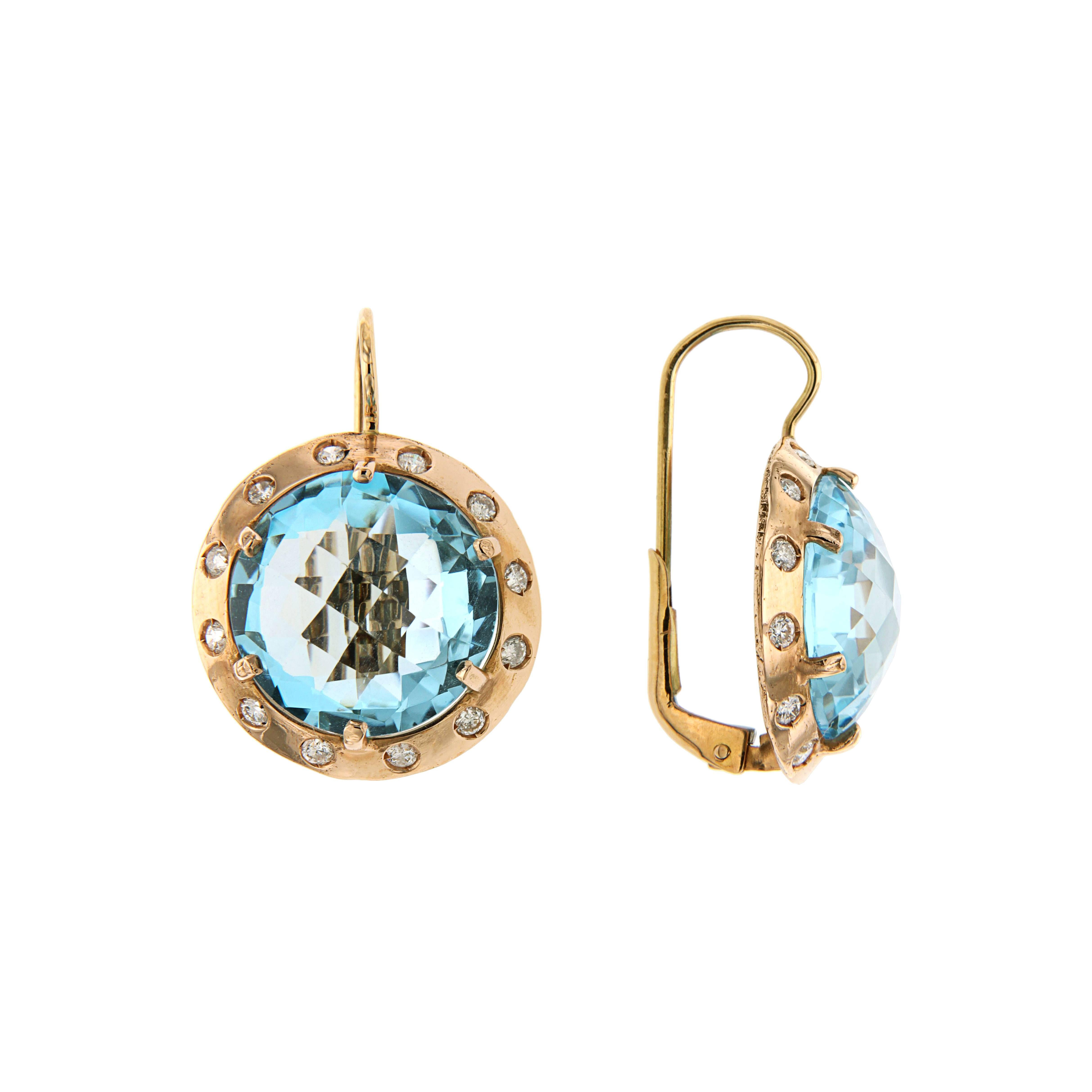 Briolette Cut Blue Topaz Diamonds Rose Gold Earrings Handcrafted in Italy