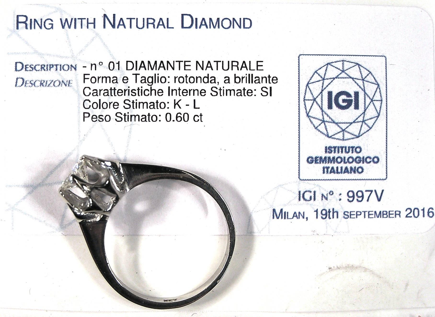 Brilliant Cut 0.60 Carat Diamond Engagement Ring Vintage 1950s White Gold  For Sale