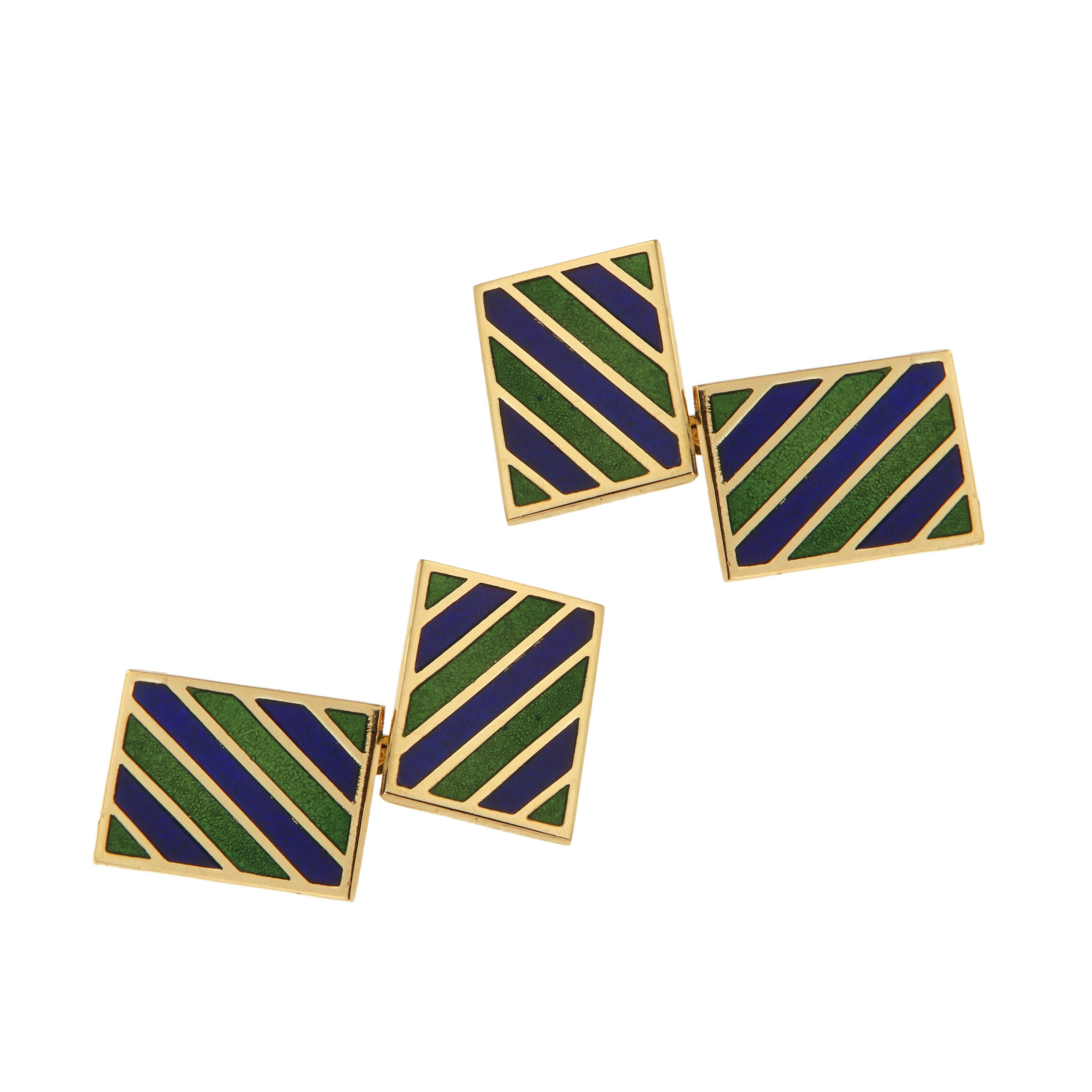 1960s Blue and Green Enamel Gold Cufflinks  im Angebot