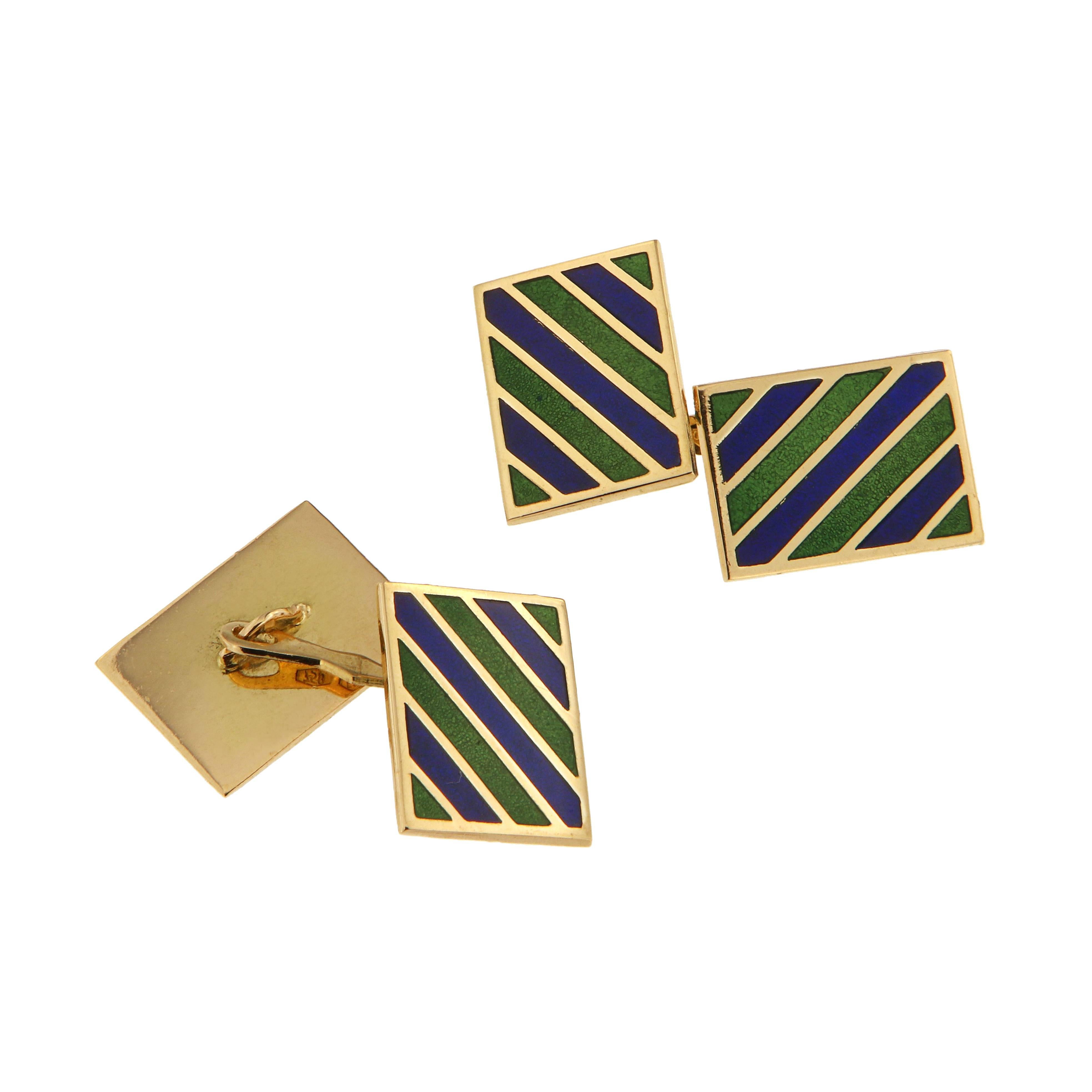 18 kt Yellow Gold Cufflinks with Blue and Green Enamel are made in Italy.
The dimensions are 18 X 15 millimeters = 0.708 x 0.591 inches.
It are stamped with the Italian Mark 750
Ready for delivery. It can be shipped with express delivery on