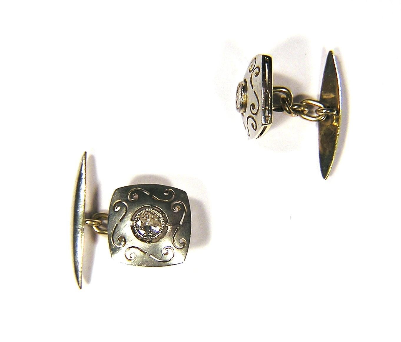 Round Cut Diamonds Gold Carved Antique Cufflinks For Sale