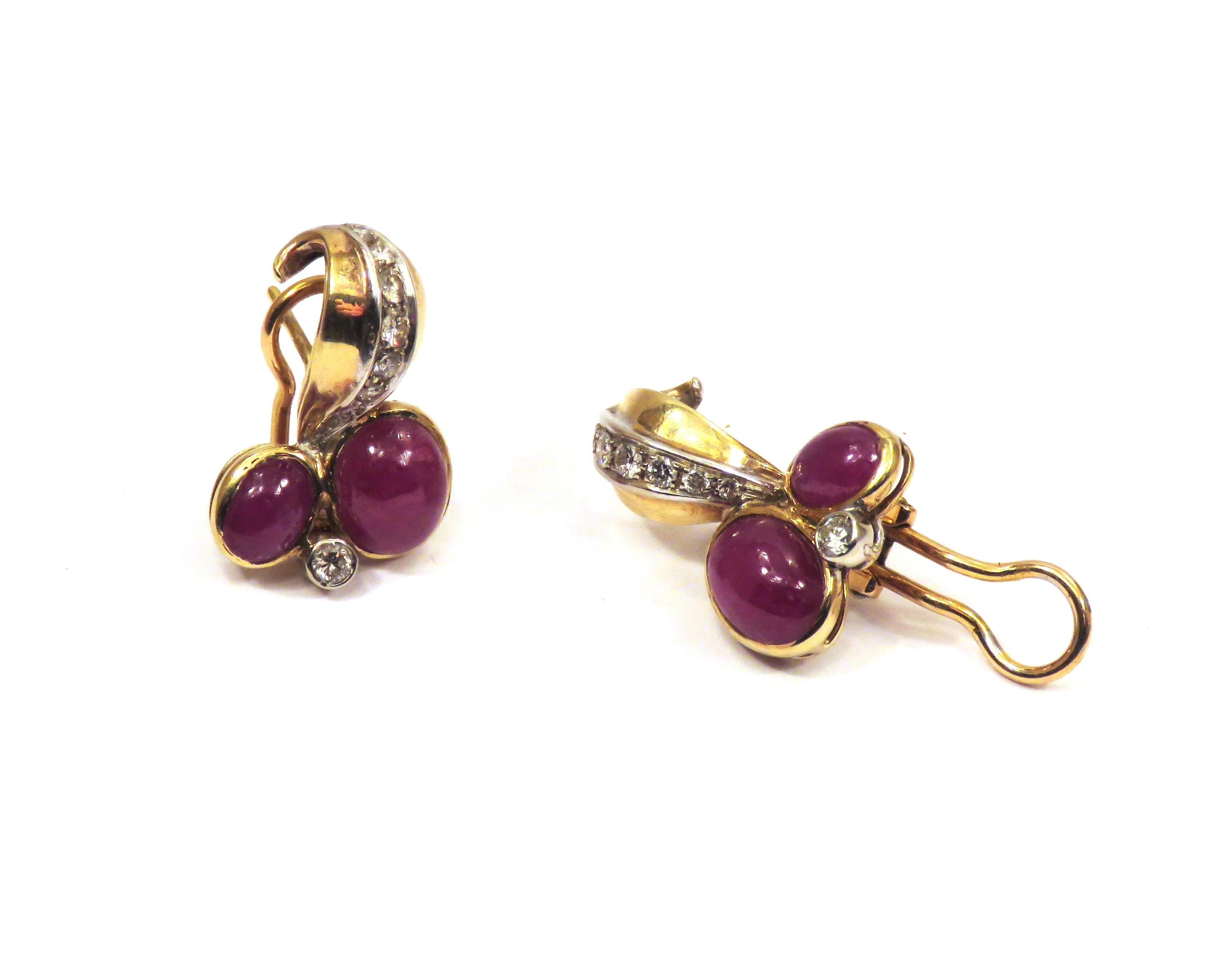 Retro Rubies Diamonds 18 Karat Yellow Gold Clip-On Earrings Handcrafted in Italy