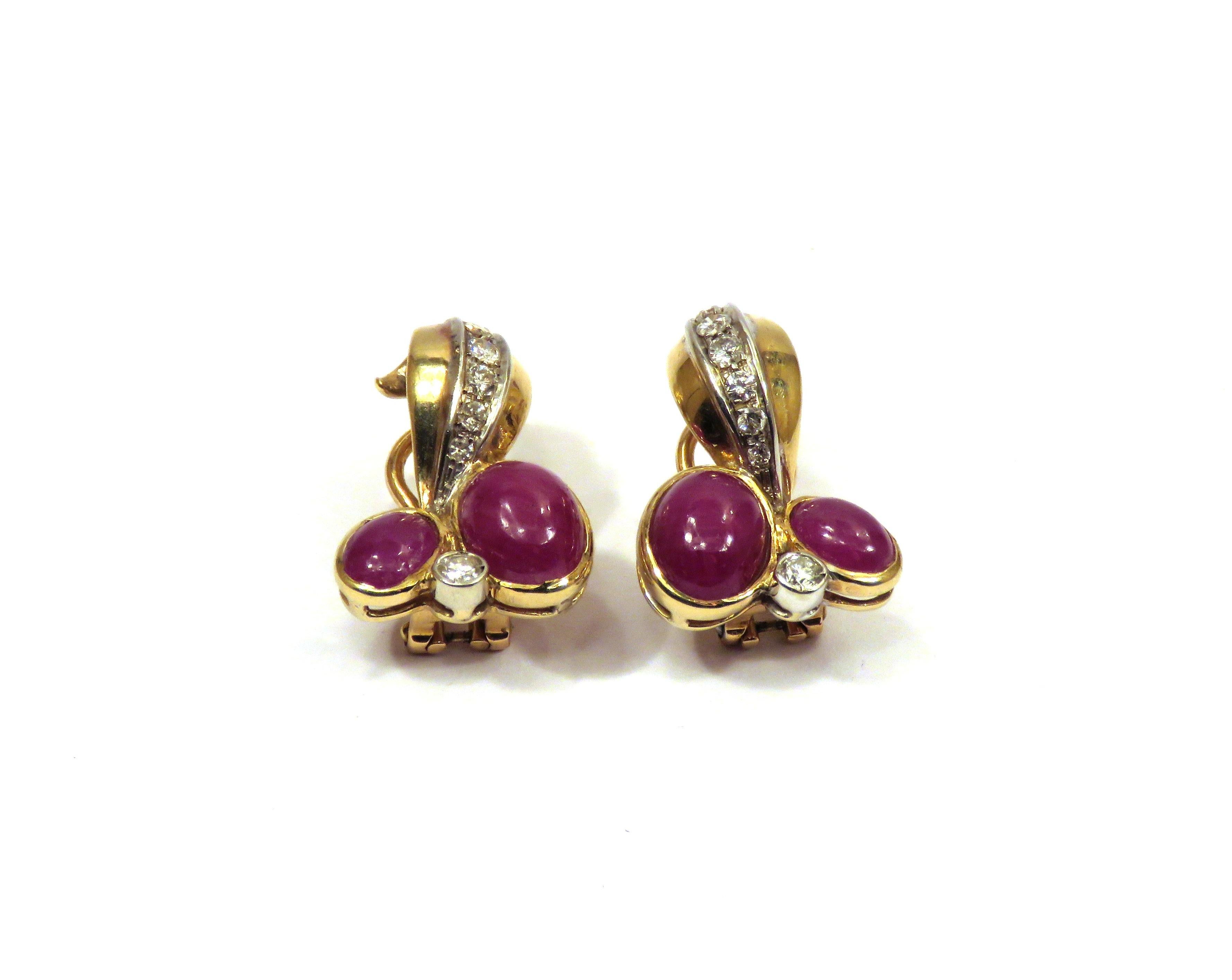 Cabochon Rubies Diamonds 18 Karat Yellow Gold Clip-On Earrings Handcrafted in Italy