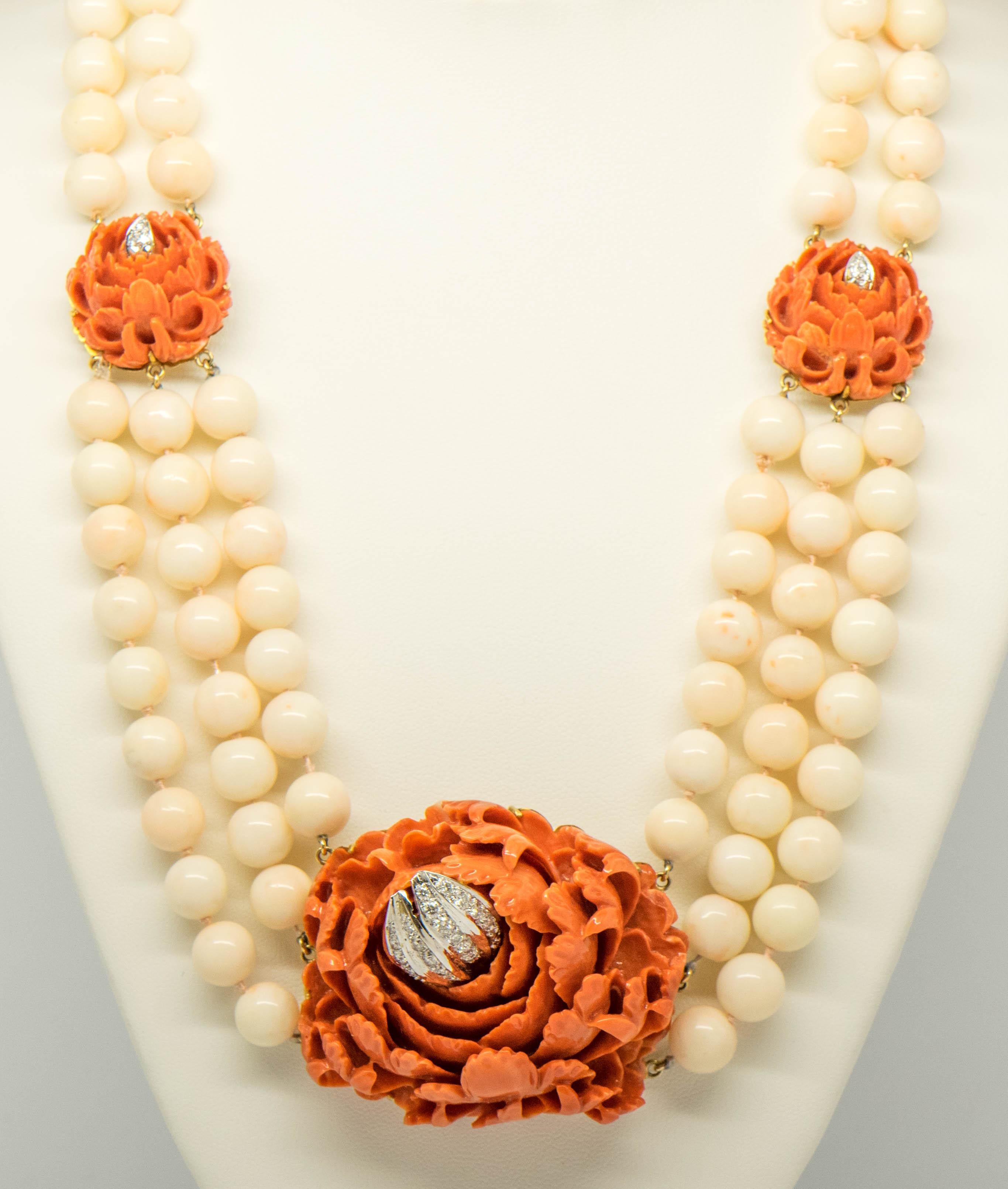 Romantic Pearl Diamond Coral Necklace Vintage Yellow Gold 18 Karat