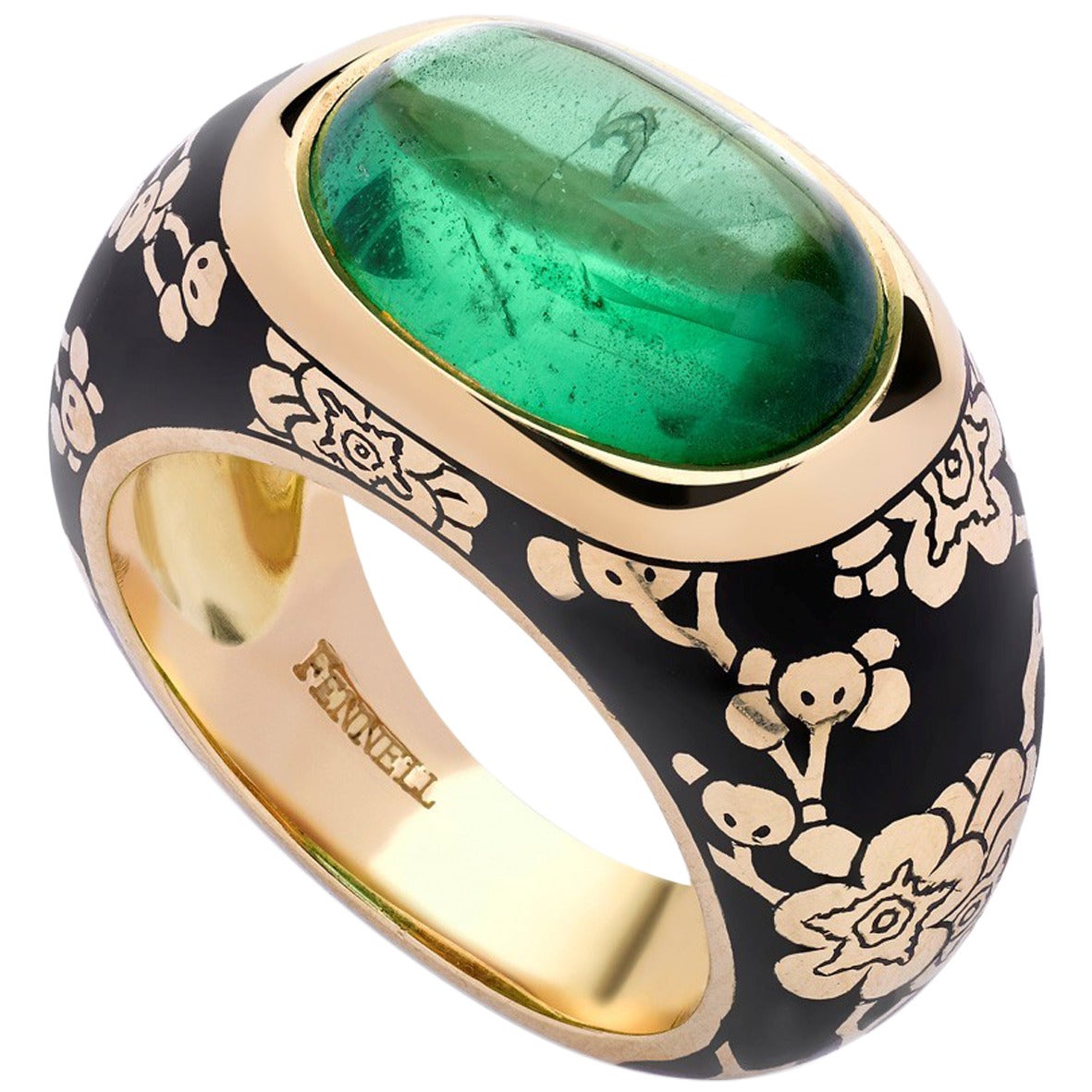 Theo Fennell Tsavorite Cabochon Enamelled Gold Plum Blossom Ring For Sale