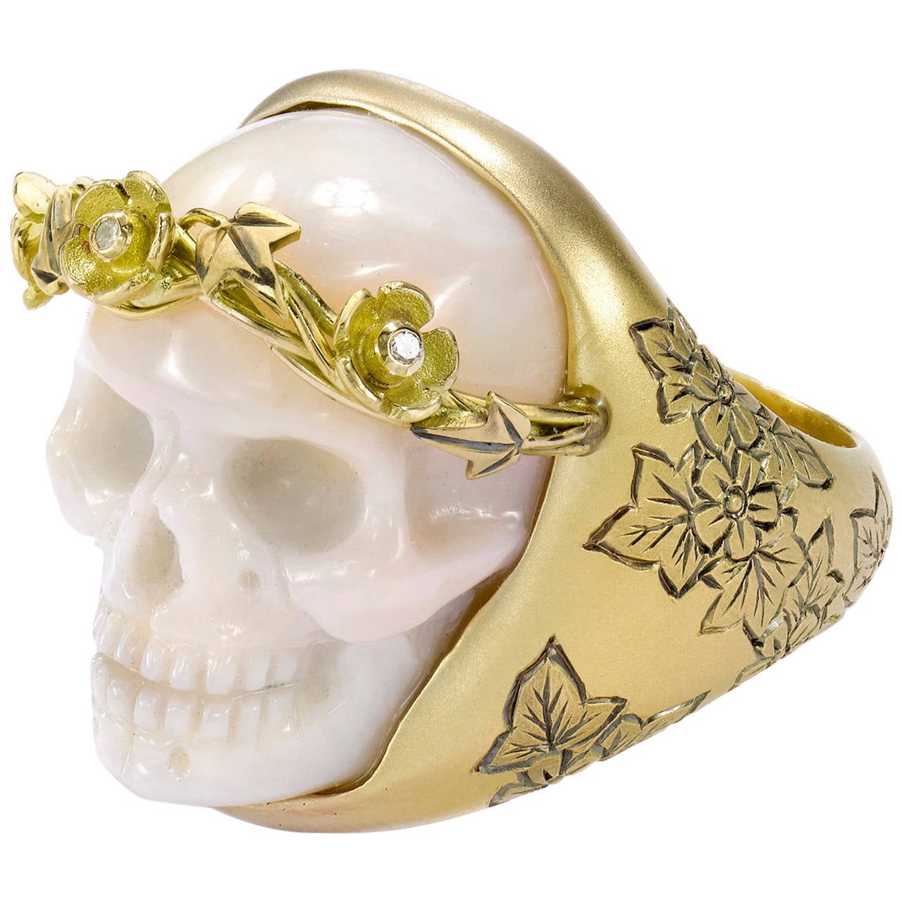 Theo Fennell Carved Coral Skull Diamond Gold Cocktail Ring For Sale