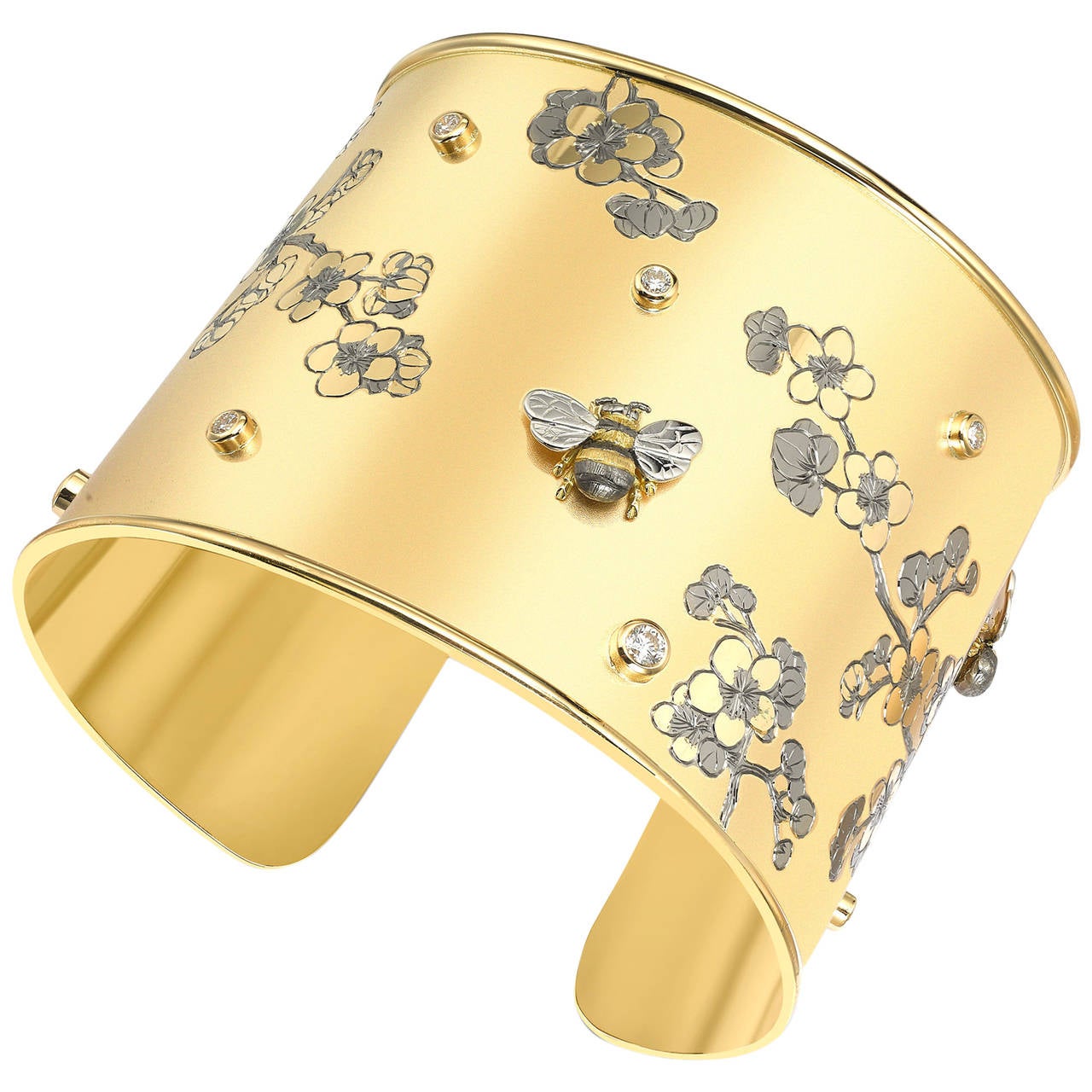 Theo Fennell Diamond Gold Bee and Cherry Blossom Scatter Cuff Bangle Bracelet For Sale
