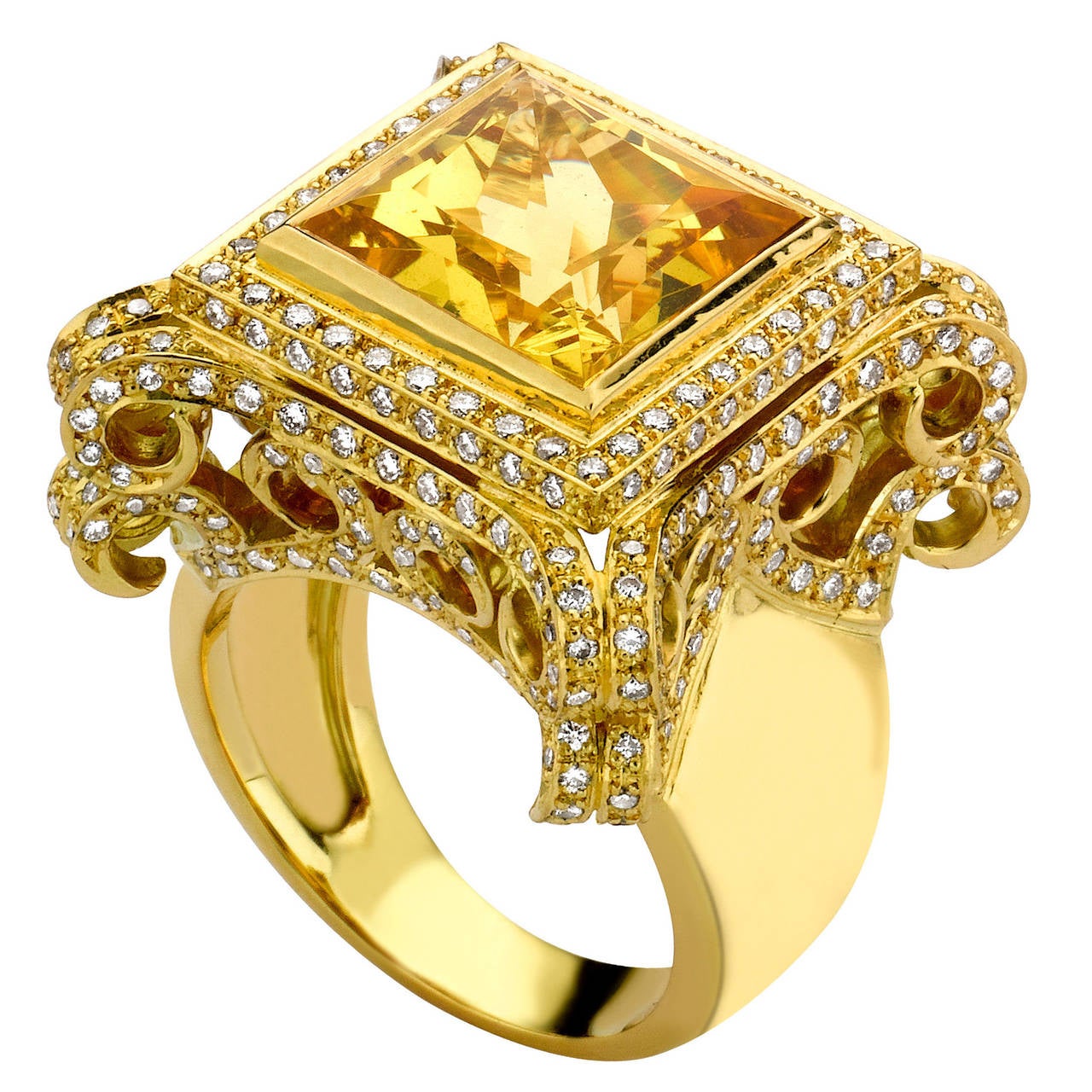 Theo Fennell Square Golden Beryl Pave Diamond Gold Scroll Ring For Sale