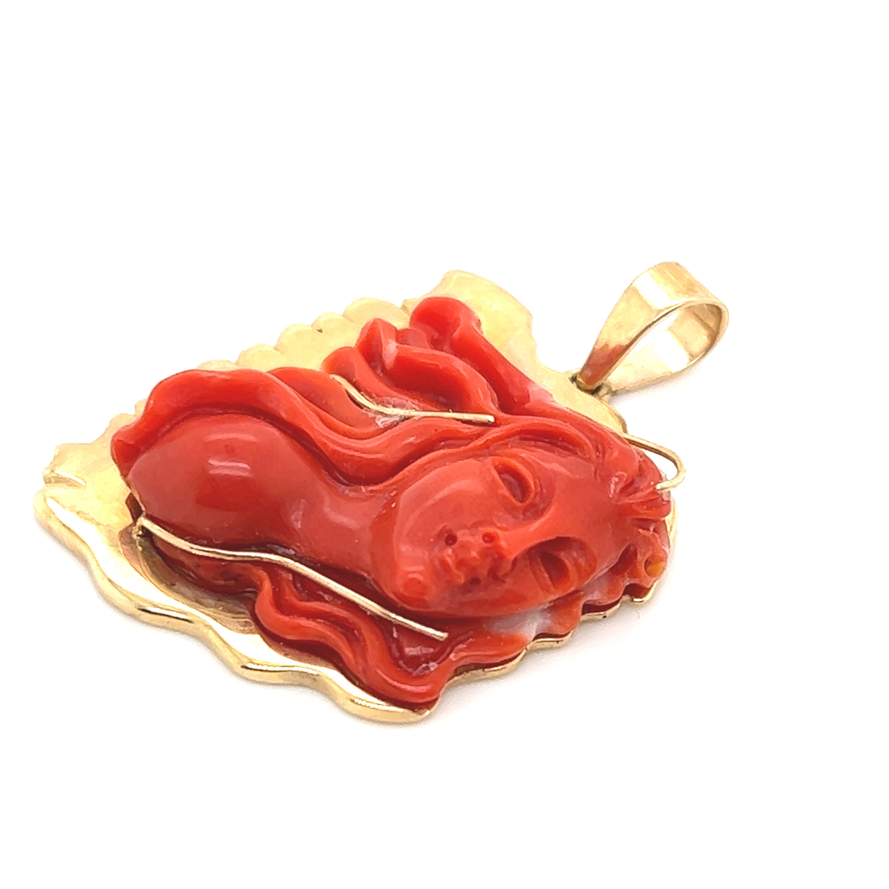 Vintage Hand Carved Coral Gemstone Pendant Yellow Gold For Sale