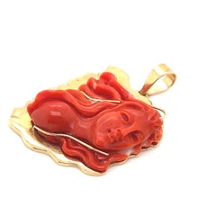 Vintage Hand Carved Coral Gemstone Pendant Yellow Gold