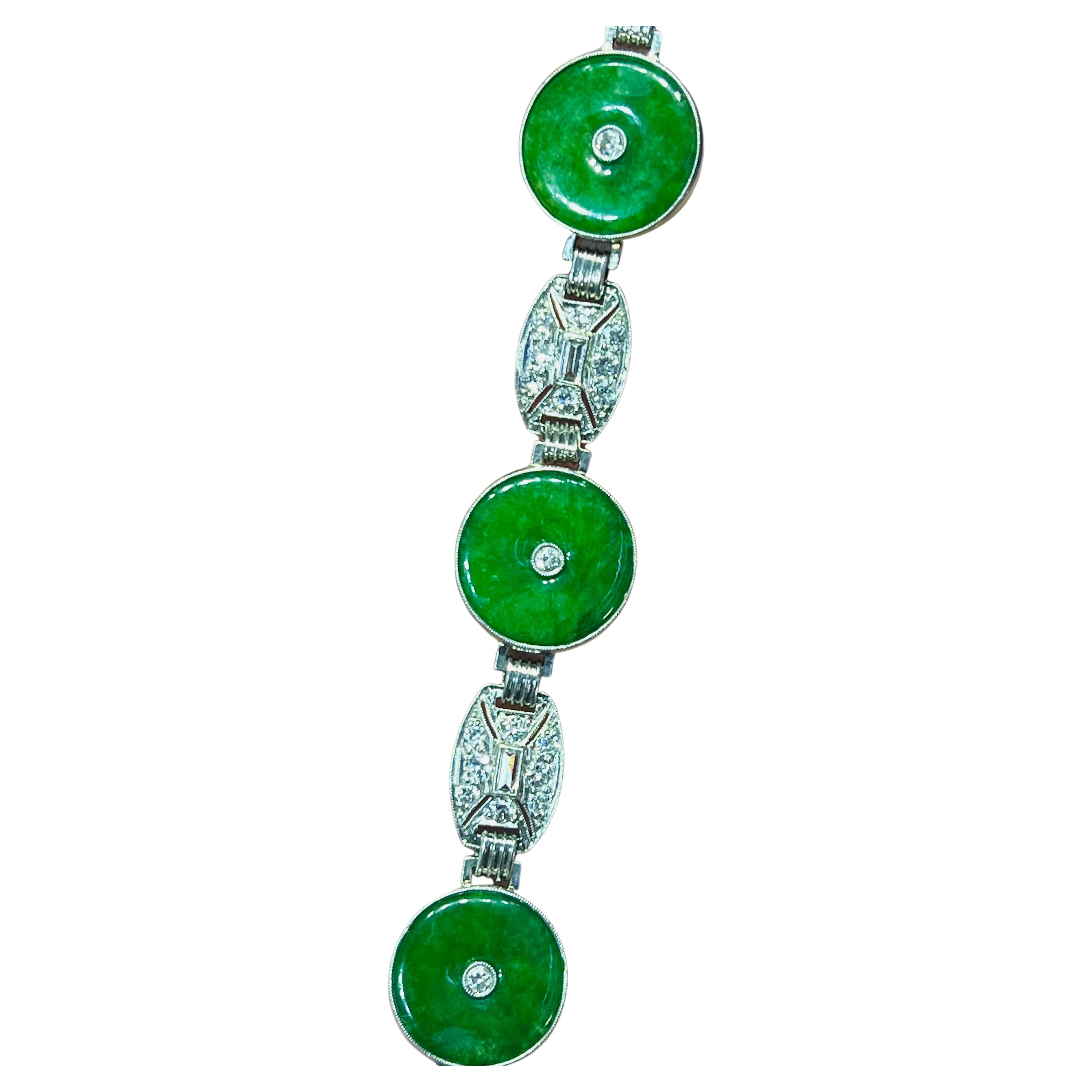 GIA Certified Art Deco Jade & Diamond Platinum Bracelet For Sale
