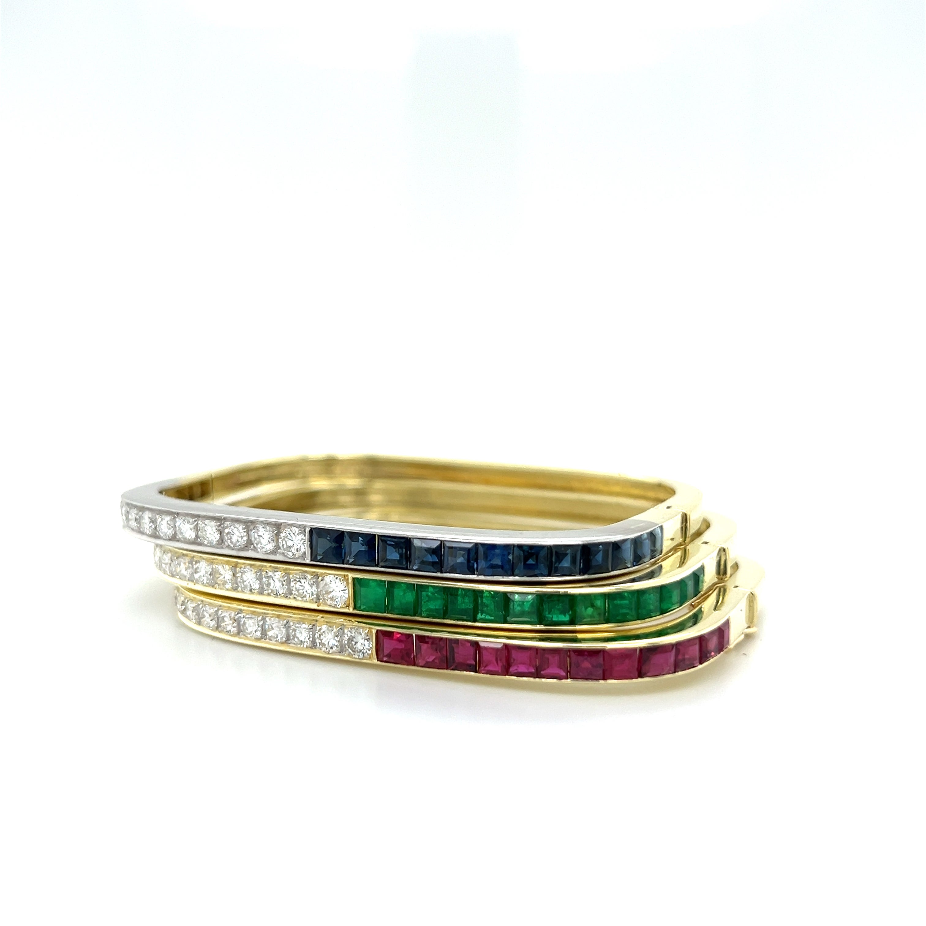 Retro Square Bangle Bracelets 18k Diamond Sapphire Ruby Emerald Yellow Gold