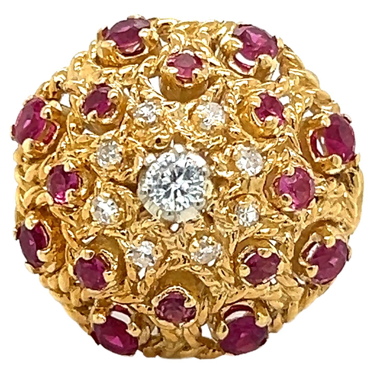 Estate Diamond & Ruby Gemstone Bombe Ring 18k Yellow Gold For Sale