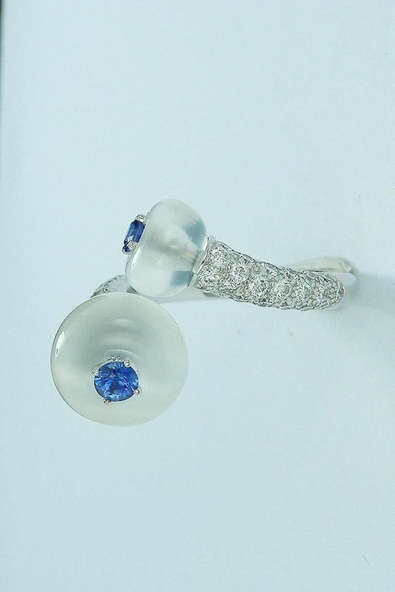 Contemporary Double Moonstone Blue Sapphire and Diamond Toi et Moi Ring For Sale