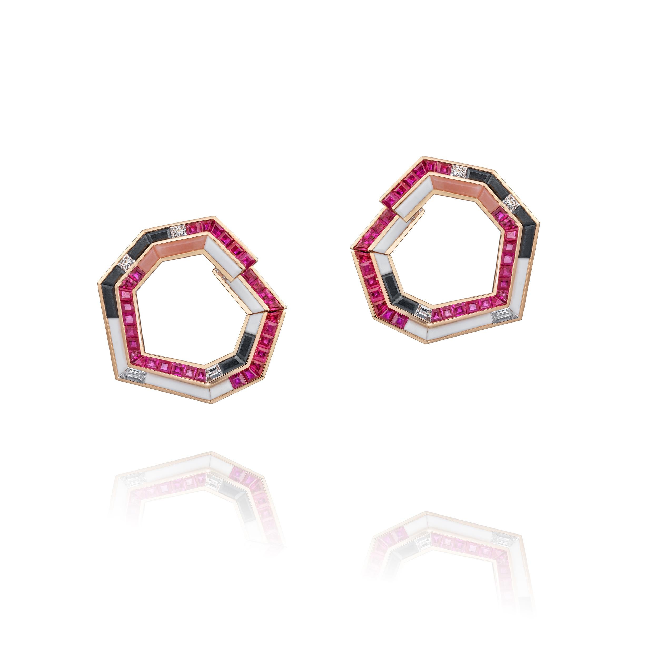 Contemporary Stellar Ruby and Diamond Dune Drop Earrings For Sale