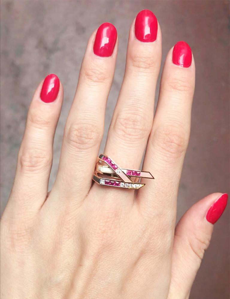 Baguette Cut Stellar Ruby and Diamond Wing Ring For Sale