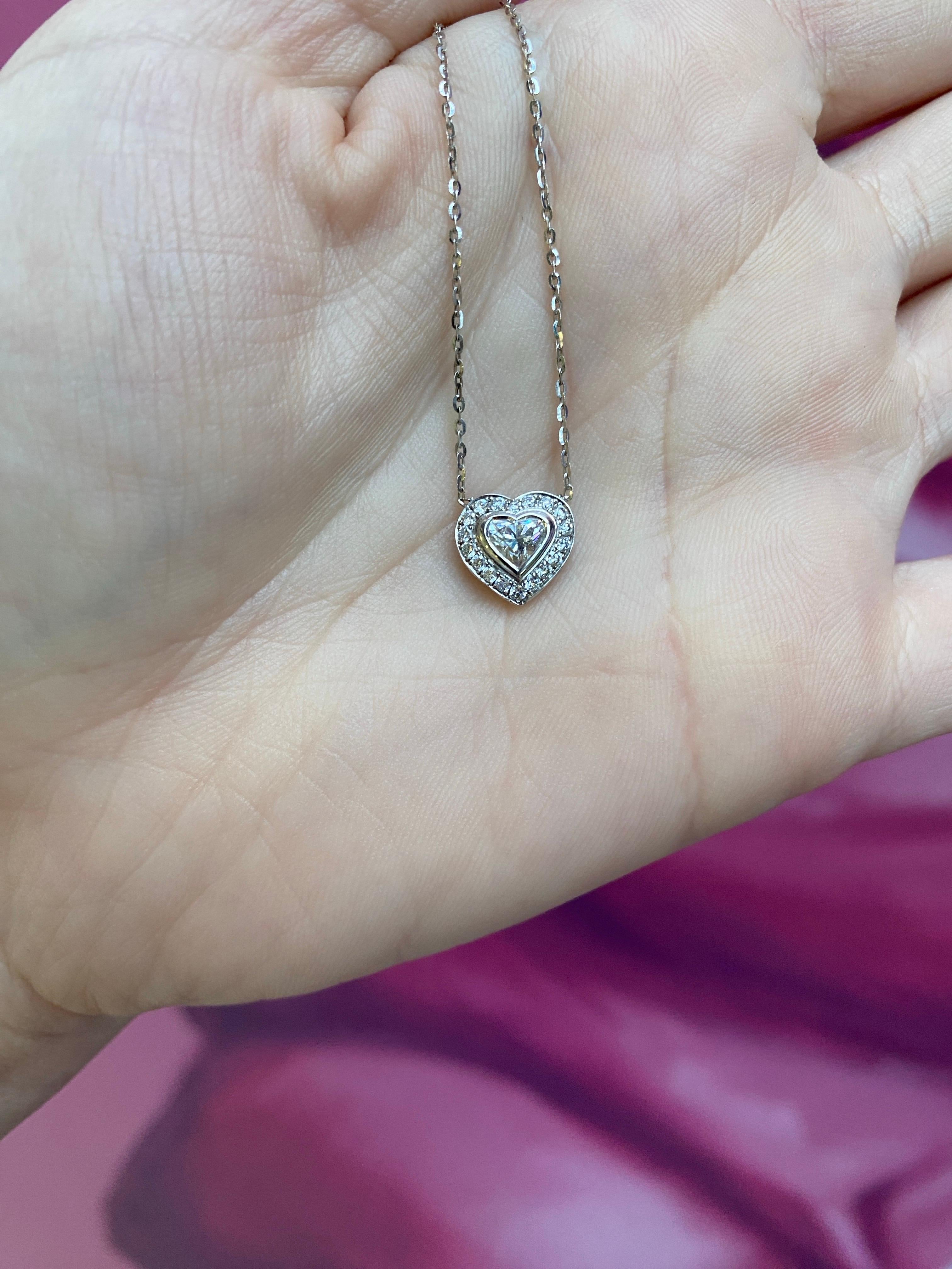 0.63ctw Bezel Set Heart Shaped Diamond with Halo Pendant Necklace 18k White Gold In New Condition For Sale In Houston, TX