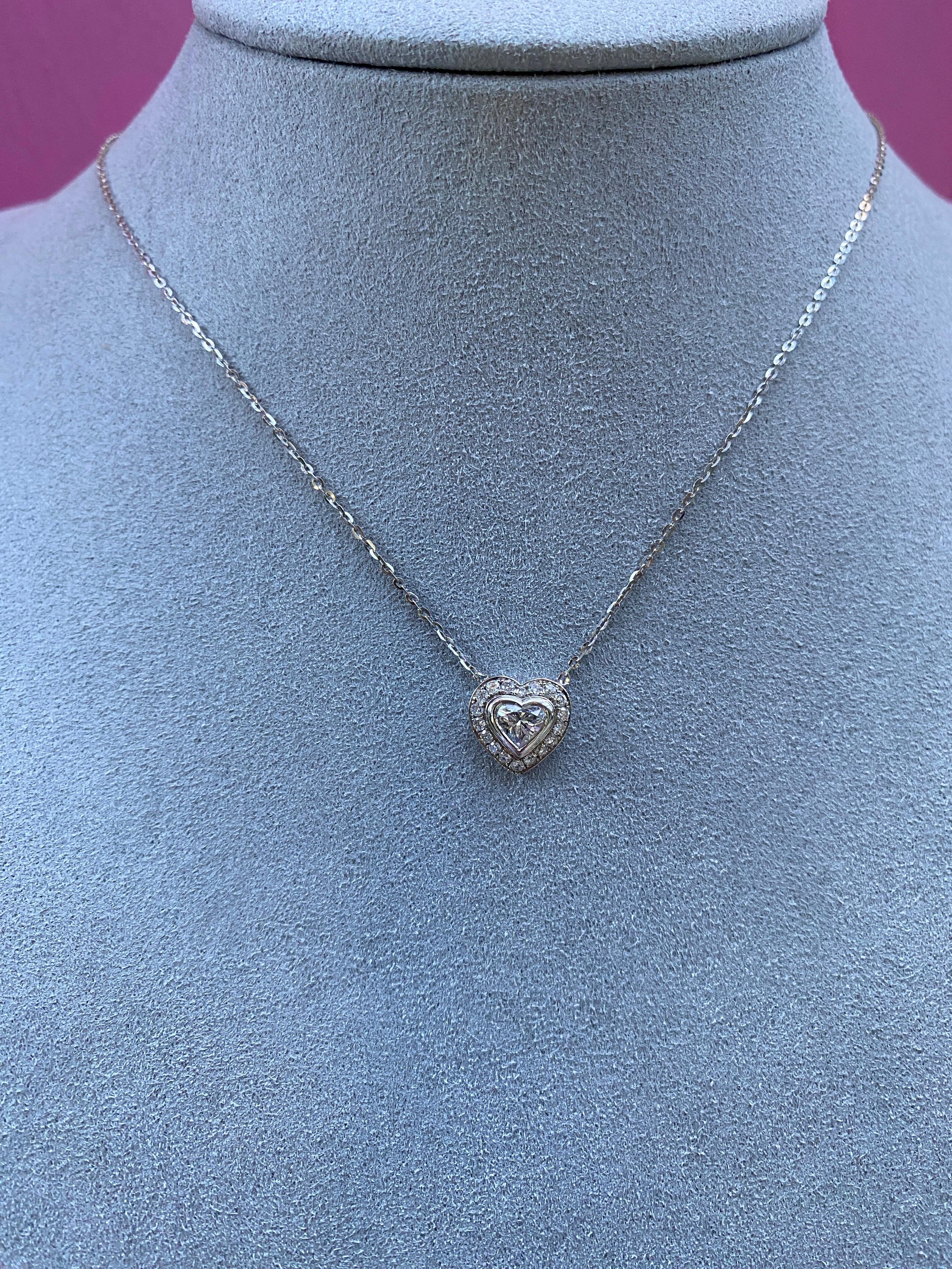 Women's or Men's 0.63ctw Bezel Set Heart Shaped Diamond with Halo Pendant Necklace 18k White Gold For Sale