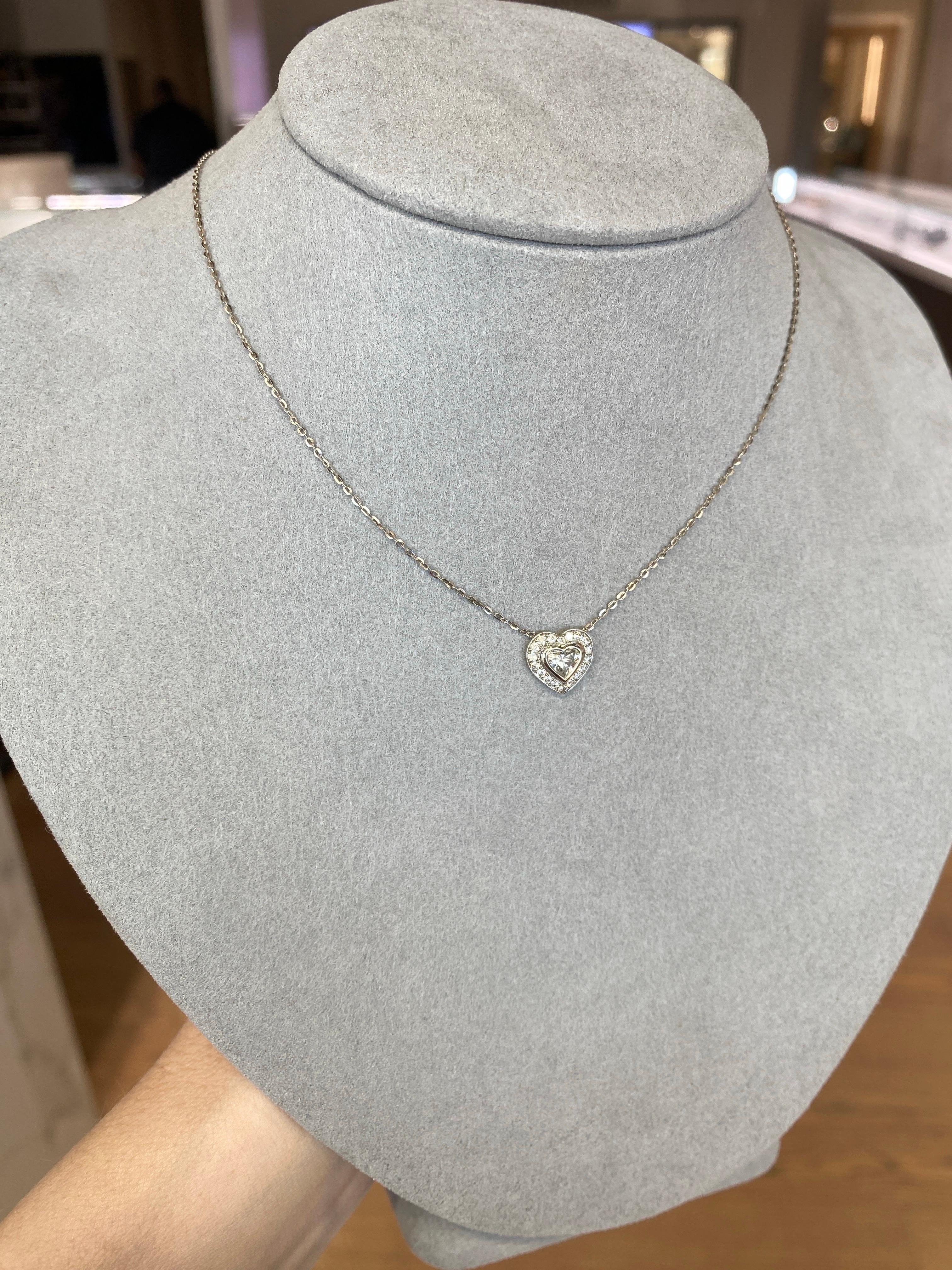 0.63ctw Bezel Set Heart Shaped Diamond with Halo Pendant Necklace 18k White Gold For Sale 1