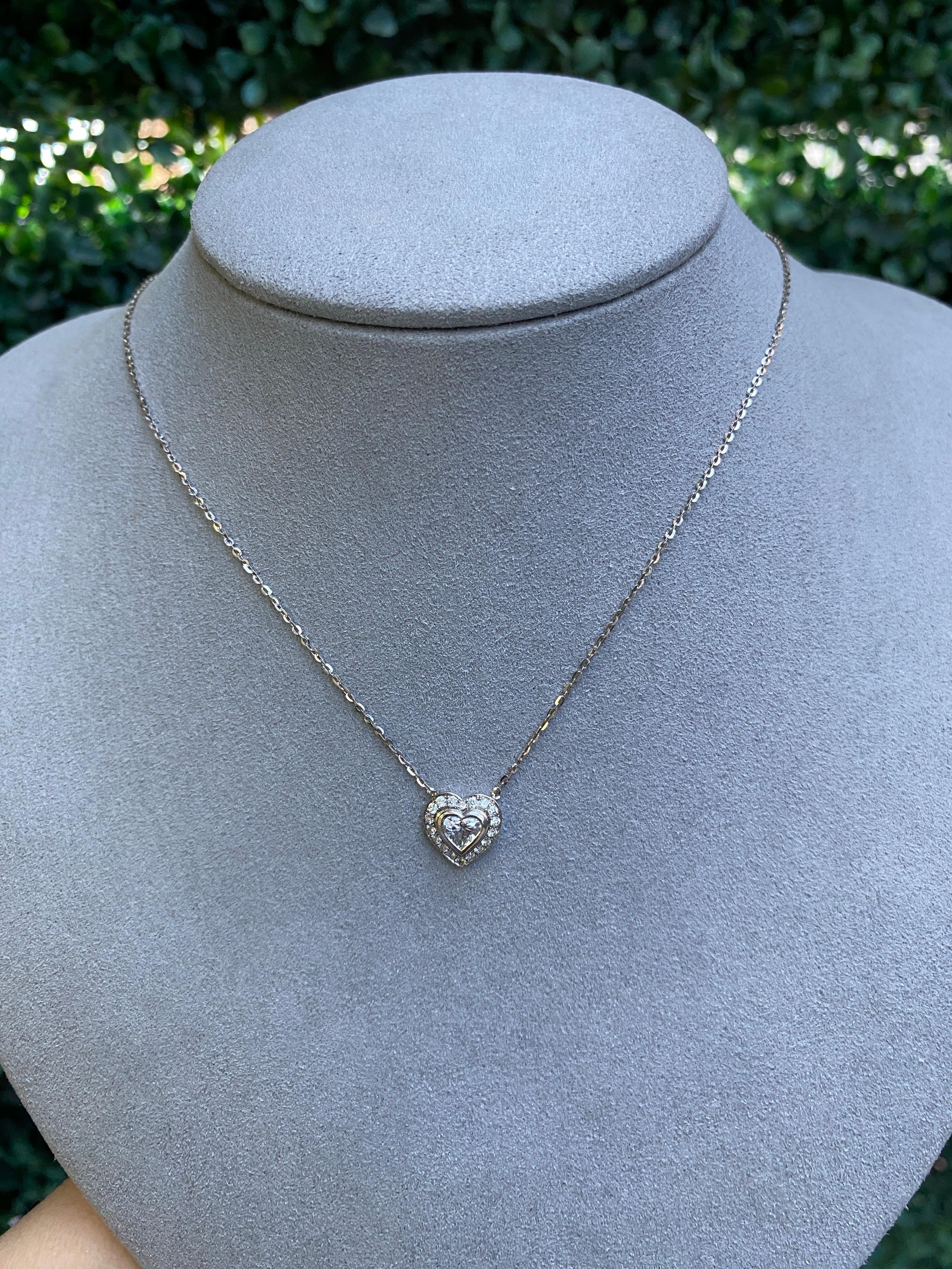 0.63ctw Bezel Set Heart Shaped Diamond with Halo Pendant Necklace 18k White Gold For Sale 4