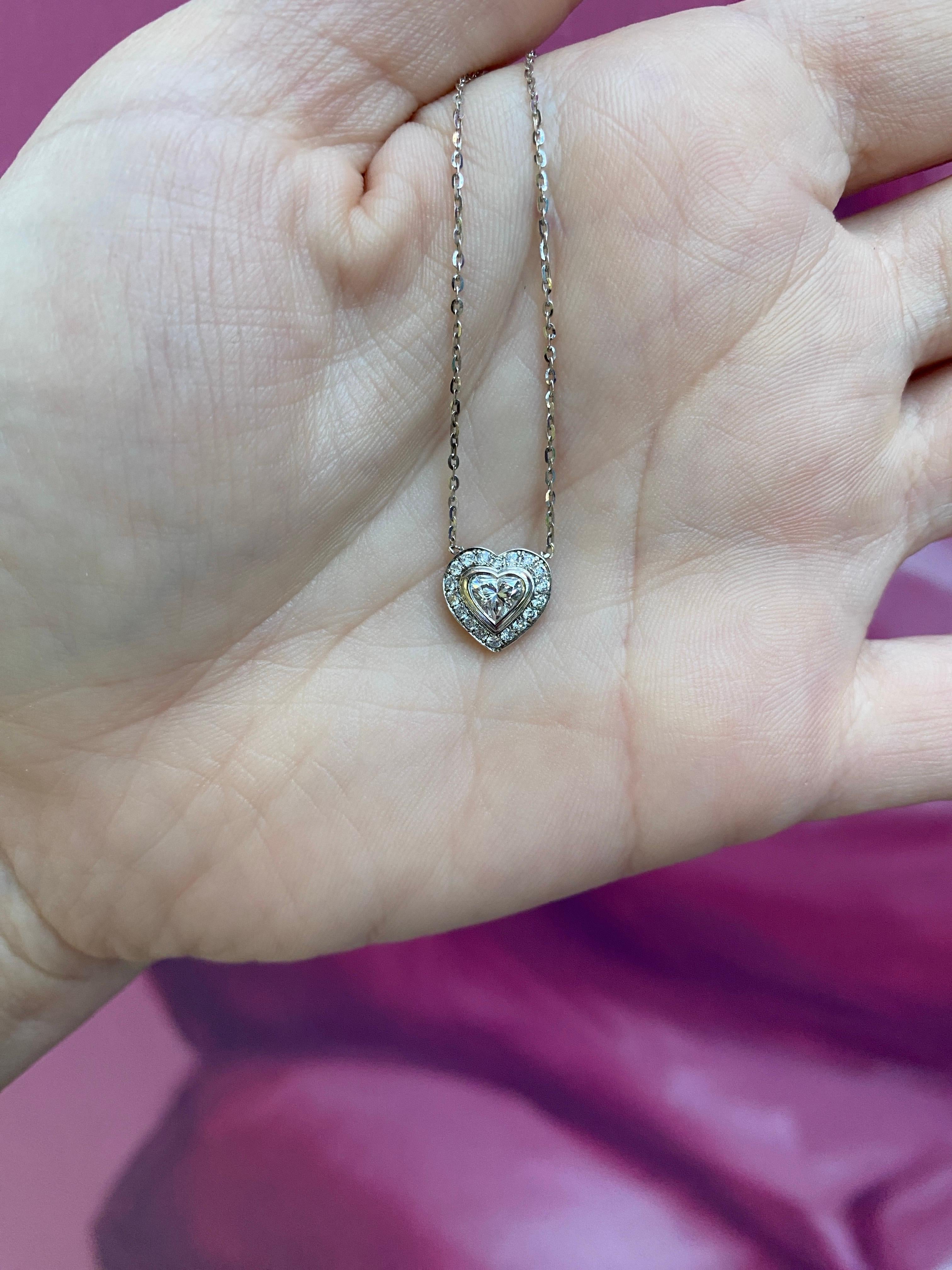 0.63ctw Bezel Set Heart Shaped Diamond with Halo Pendant Necklace 18k White Gold For Sale 6