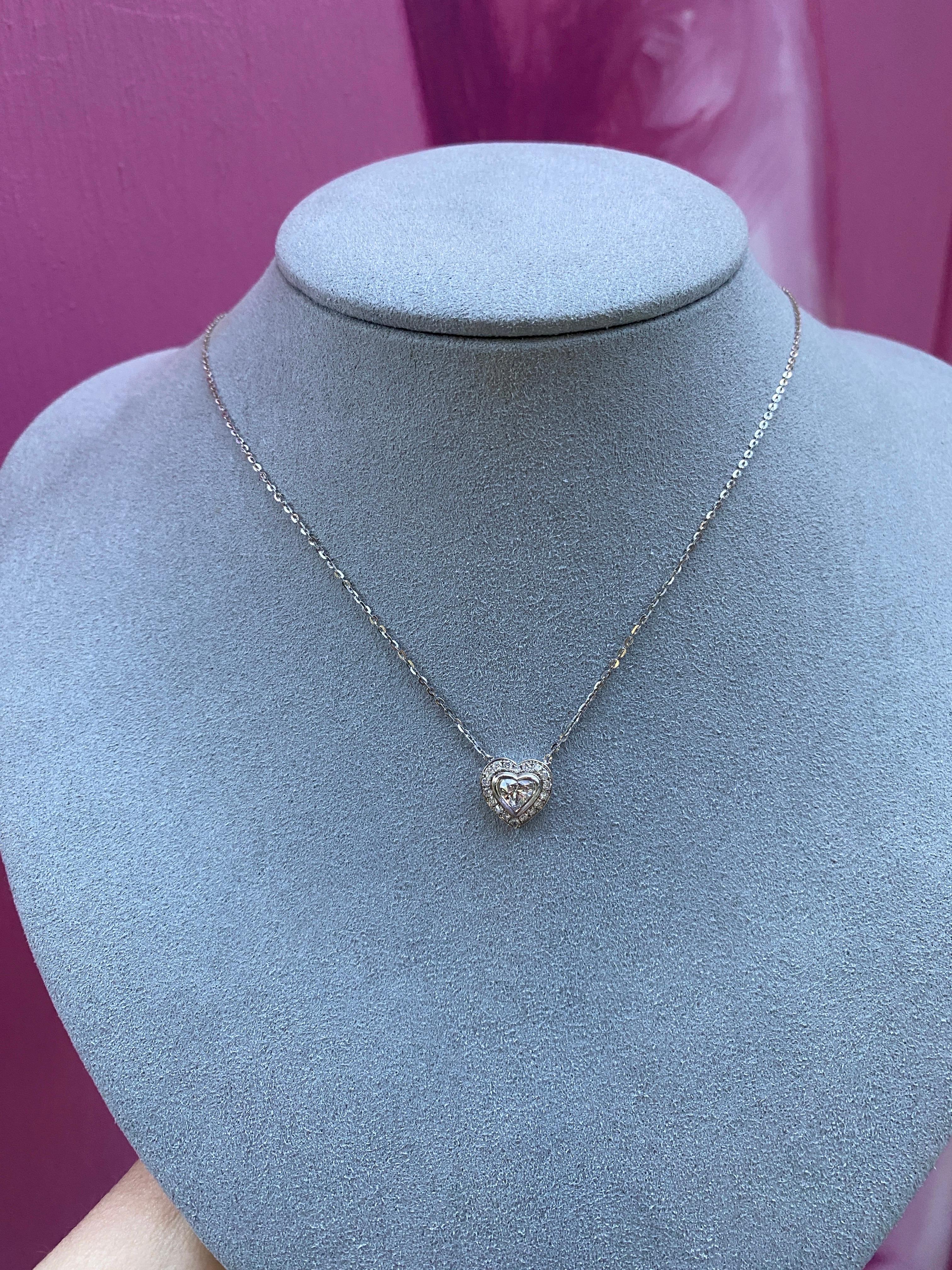 0.63ctw Bezel Set Heart Shaped Diamond with Halo Pendant Necklace 18k White Gold For Sale 7