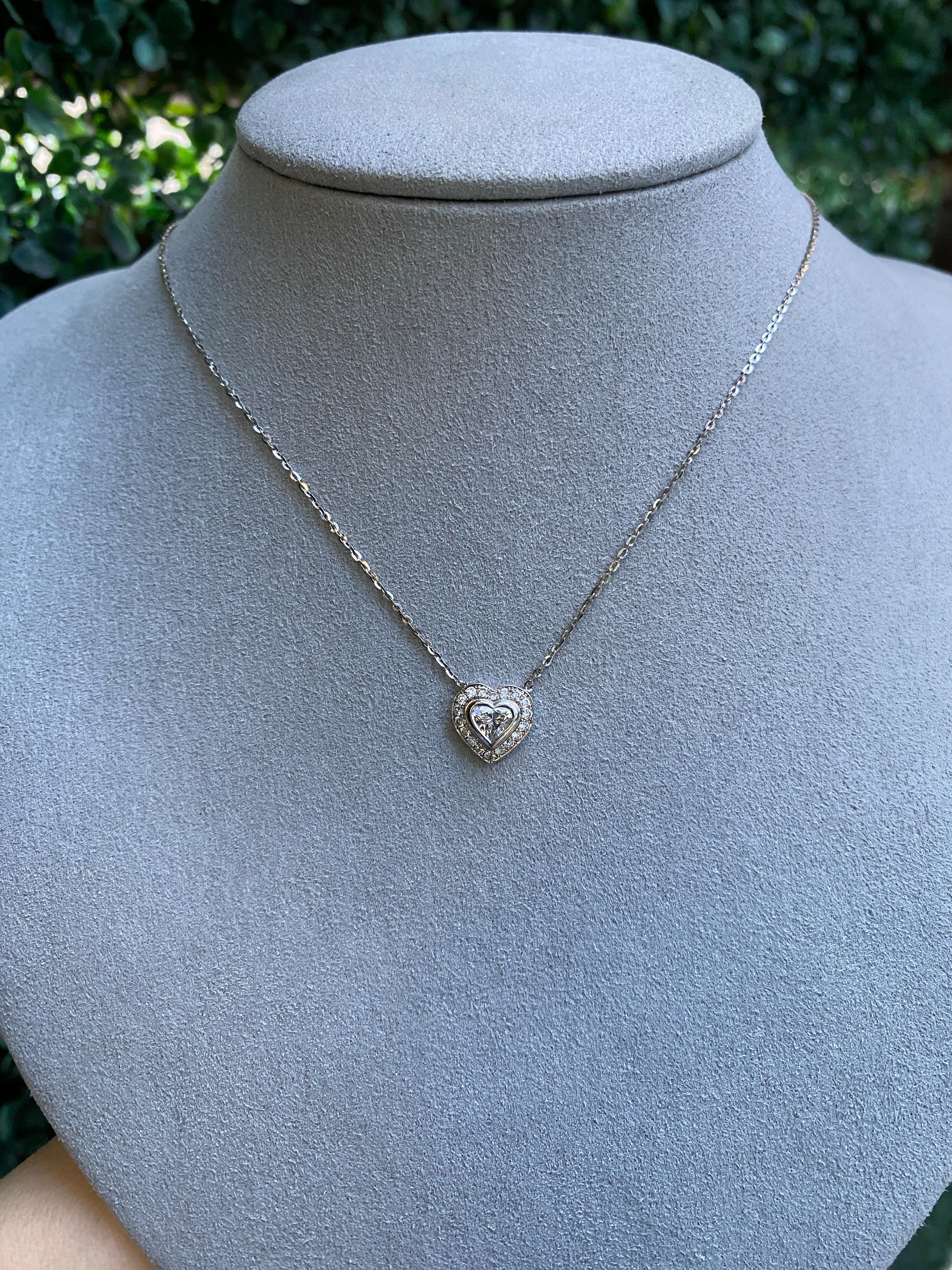 0.63ctw Bezel Set Heart Shaped Diamond with Halo Pendant Necklace 18k White Gold For Sale 8